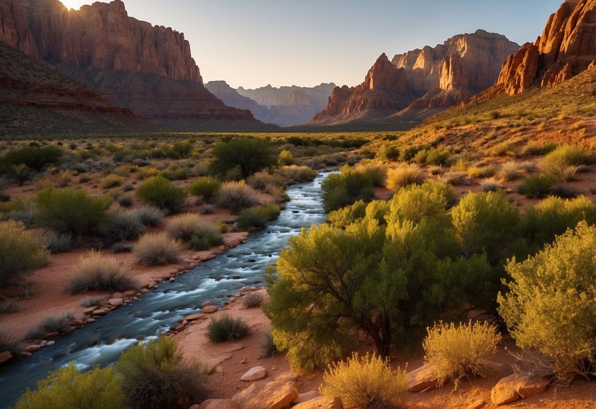 Sunset at Watchman Campground, red rock formations, towering cliffs, and lush greenery, with the Virgin River flowing through the valley