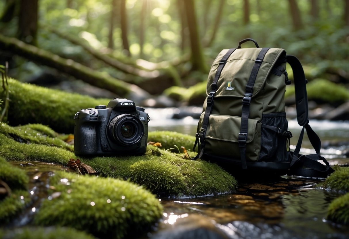 A camera, tripod, and backpack lay on a mossy forest floor near a bubbling stream. Sunlight filters through the trees, casting dappled shadows on the equipment