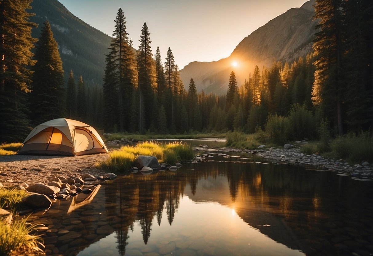 A serene campsite nestled among towering trees, with a winding river and majestic mountains in the background. The soft glow of the setting sun casts a warm, golden light over the tranquil scene