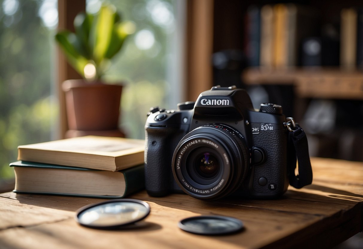 A camera on a rustic wooden table with natural light streaming in through a window, surrounded by photography books and equipment