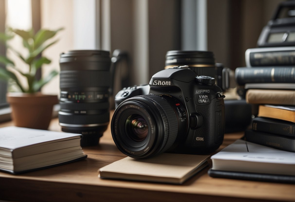 A camera, lens, and tripod sit on a cluttered desk. A stack of photography books and a laptop with budgeting tips are nearby. The window casts soft natural light on the scene