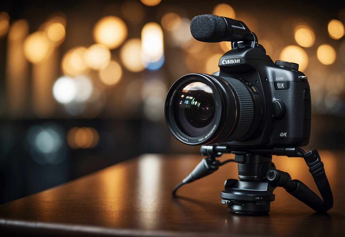 A table with a camera, tripod, and lighting equipment. A backdrop and props for various photo styles. Budget-friendly items are highlighted