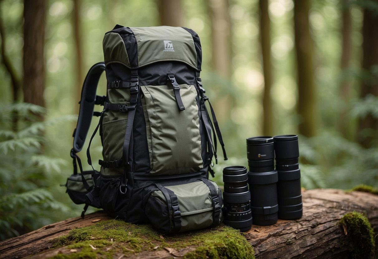 A forest trail with a camera bag, tripod, and binoculars laid out next to 5 different lightweight vests. The vests are displayed in a natural setting with trees and foliage in the background