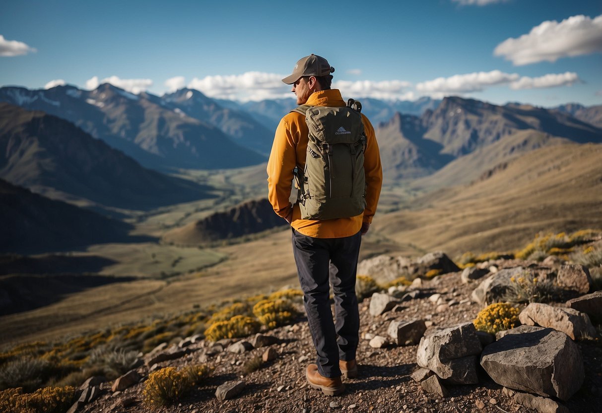 A rugged landscape with a mountainous backdrop, featuring a Columbia Men's Steens Mountain Vest in the foreground. The vest is lightweight and practical for nature photography