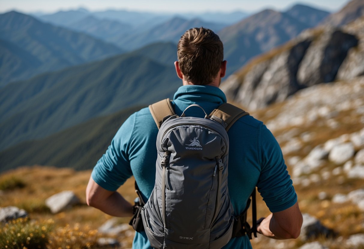 A mountainous landscape with a clear blue sky, showcasing the Arc'teryx Covert LT Vest being worn by a hiker capturing nature photography