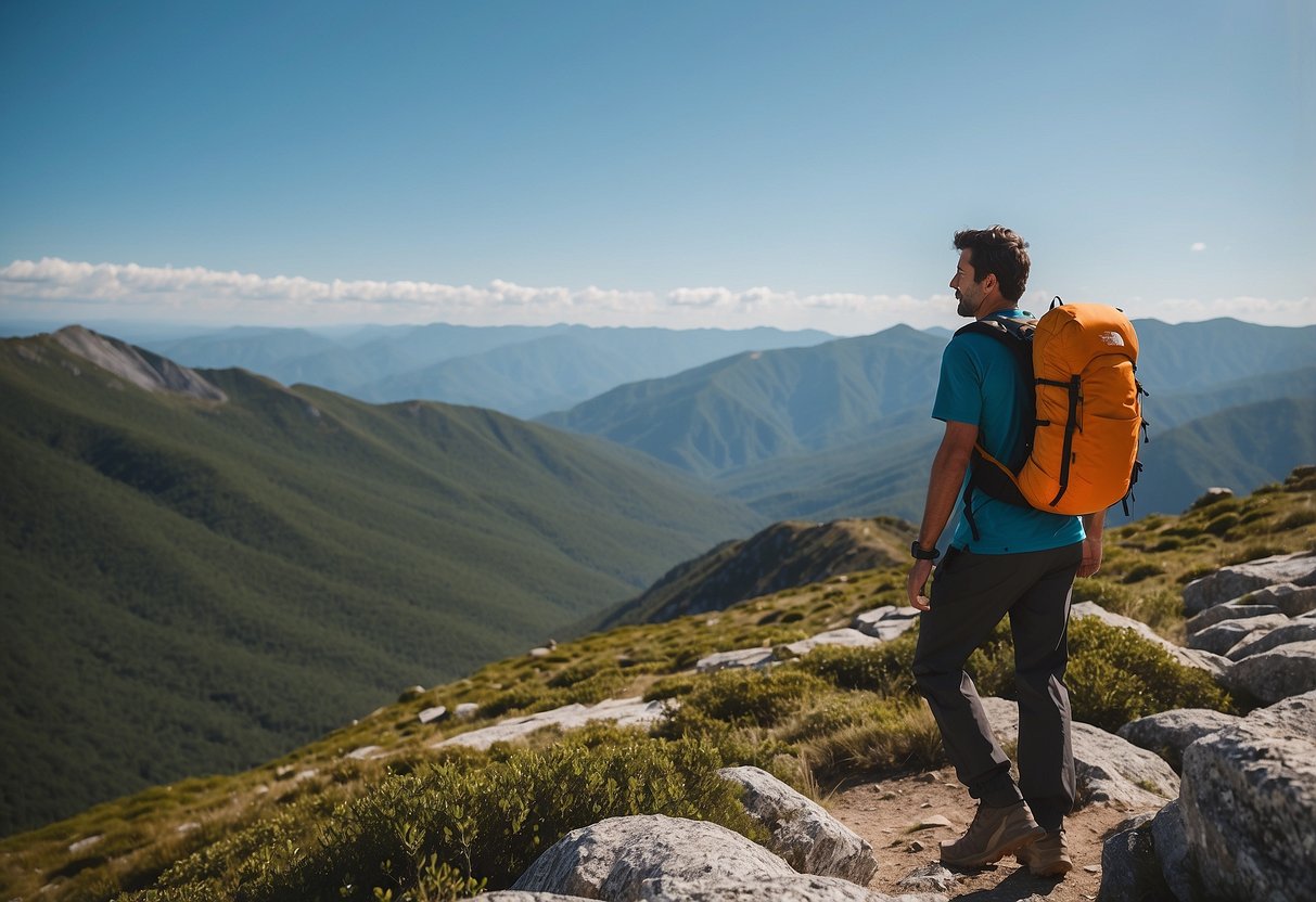 A hiker stands on a rocky trail, wearing The North Face Men's ThermoBall Eco Vest, surrounded by lush greenery and a clear blue sky