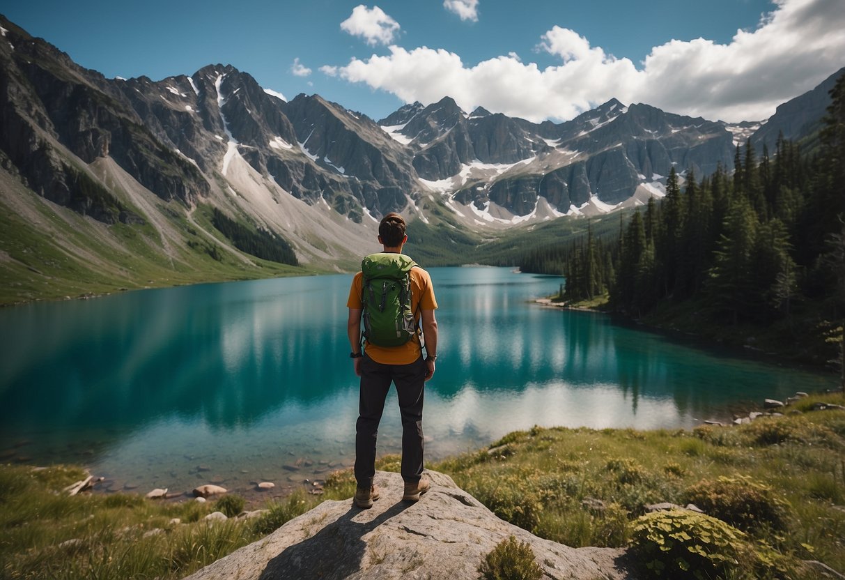 A hiker stands by a serene lake, wearing the Outdoor Research Men's Ferrosi Vest. Lush greenery and mountains surround the peaceful scene