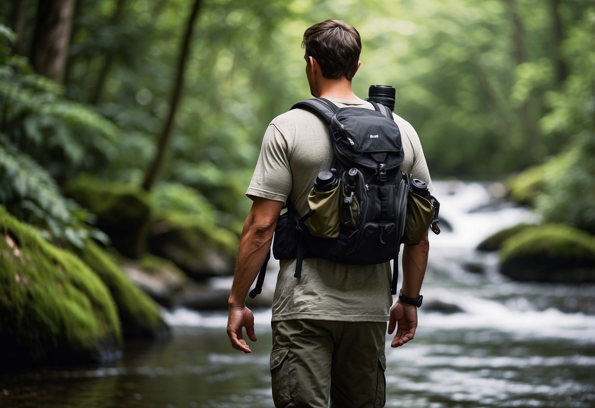 A nature photographer wearing a lightweight vest, with multiple pockets for camera gear, hiking through a lush forest with a tranquil river in the background