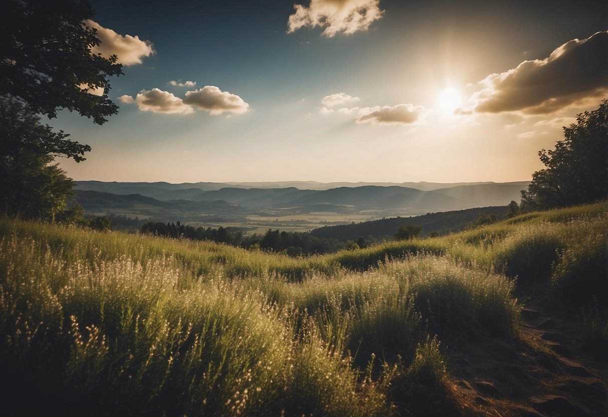 Landscape with overexposed sky, blurry subjects, and distracting background. Avoid harsh shadows and cluttered composition