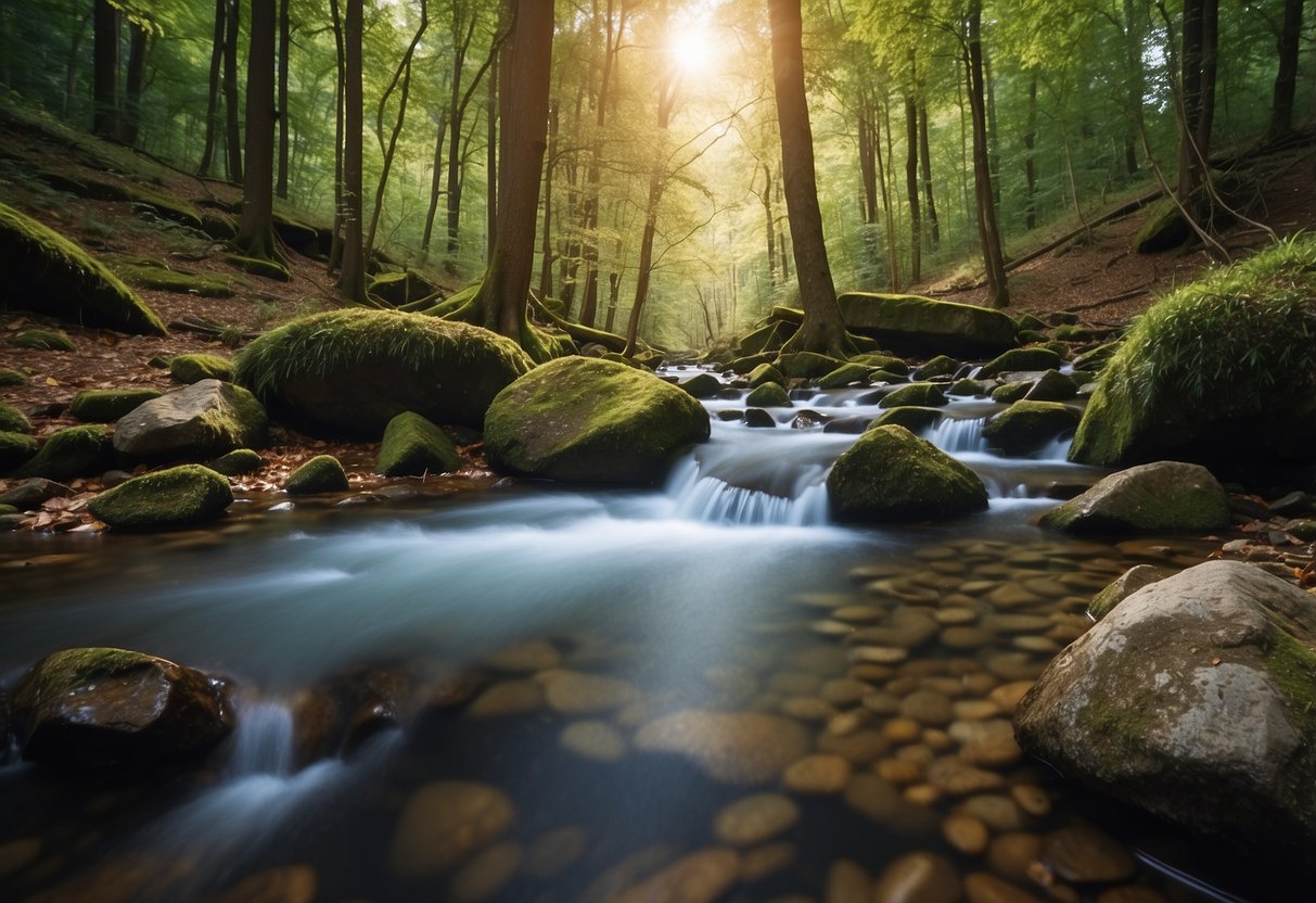 A serene forest with vibrant foliage, a trickling stream, and a clear blue sky. No human presence