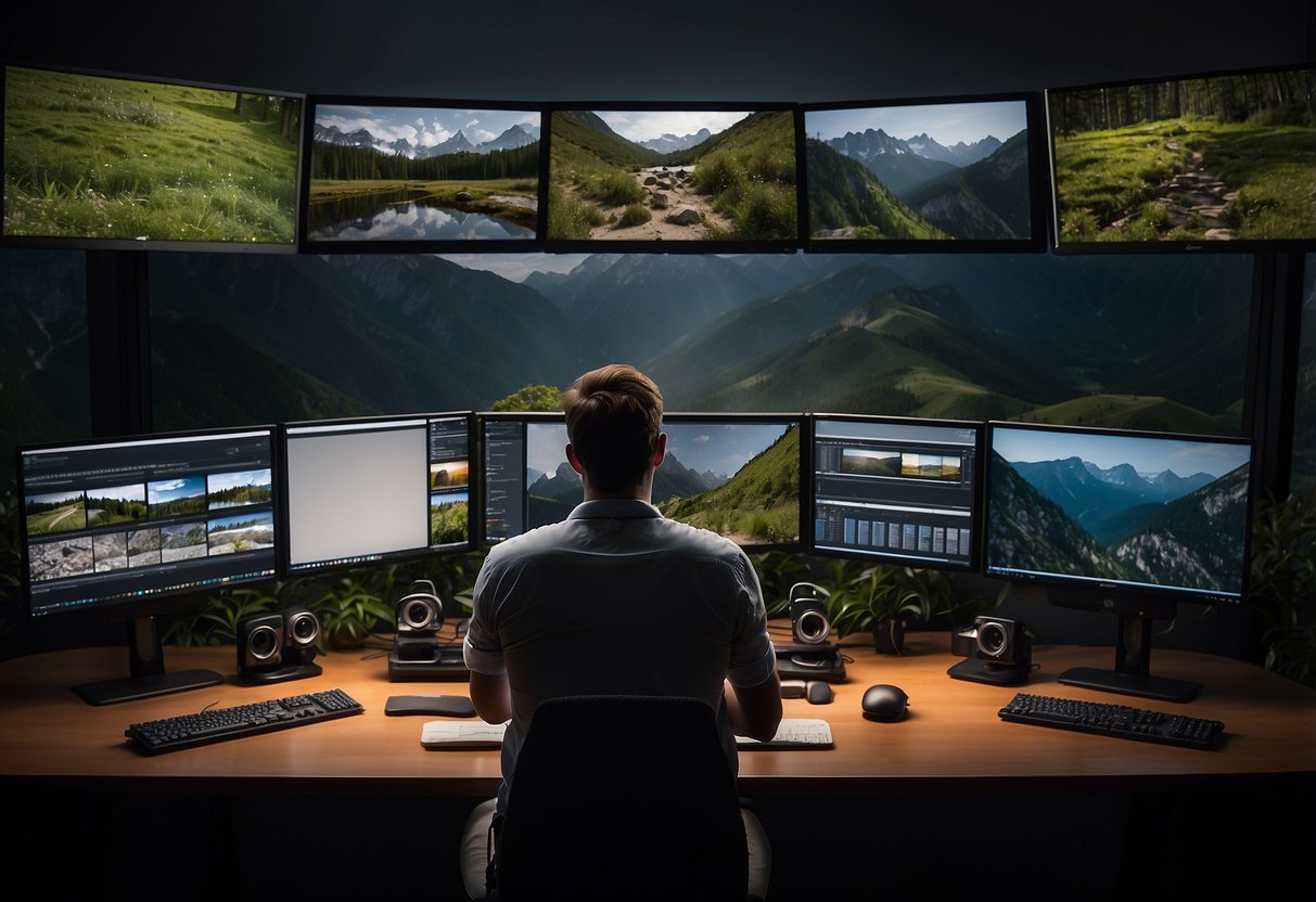 A photographer sits at a computer, surrounded by screens. They are over-editing a nature photo, adjusting colors and sharpness excessively