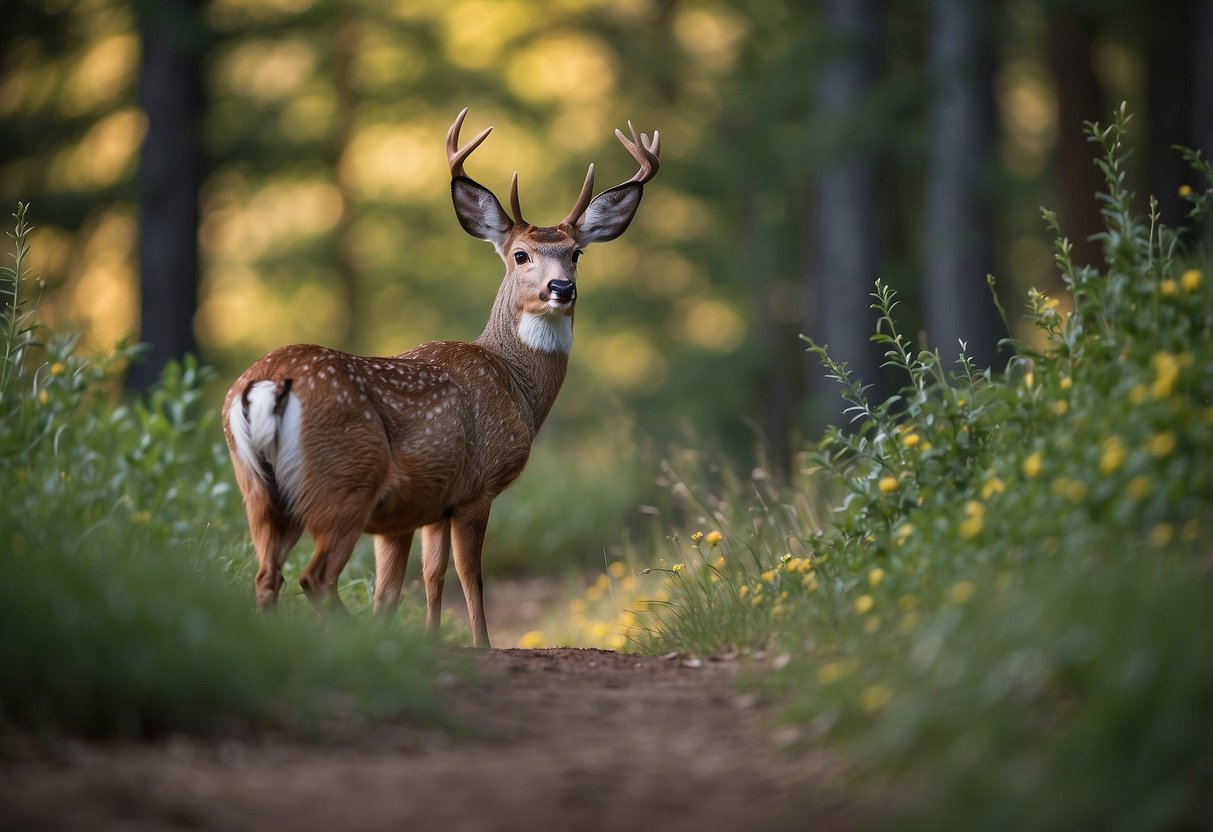 Wildlife being disturbed by human presence in nature. Birds flying away, deer running, and rabbits hiding. Avoiding common nature photography mistakes