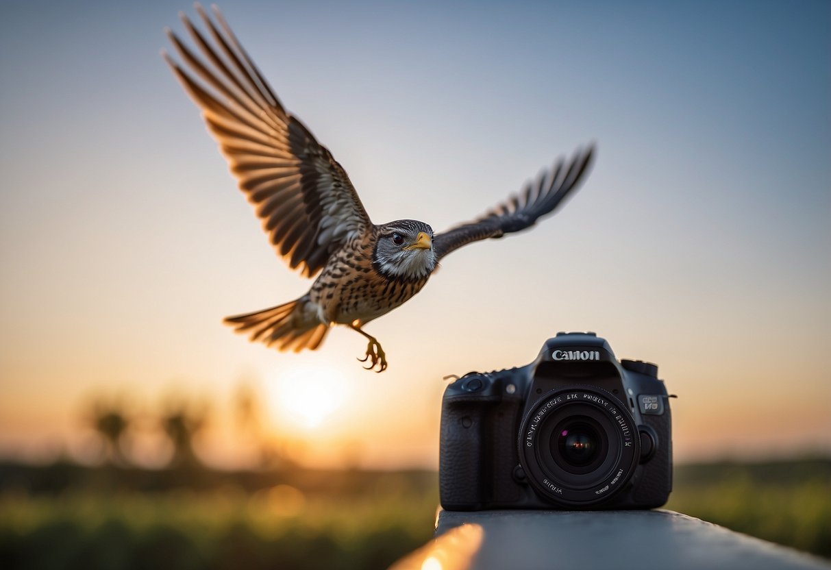 A camera pointed at a bird in flight against a bright sky, capturing the moment of a missed opportunity