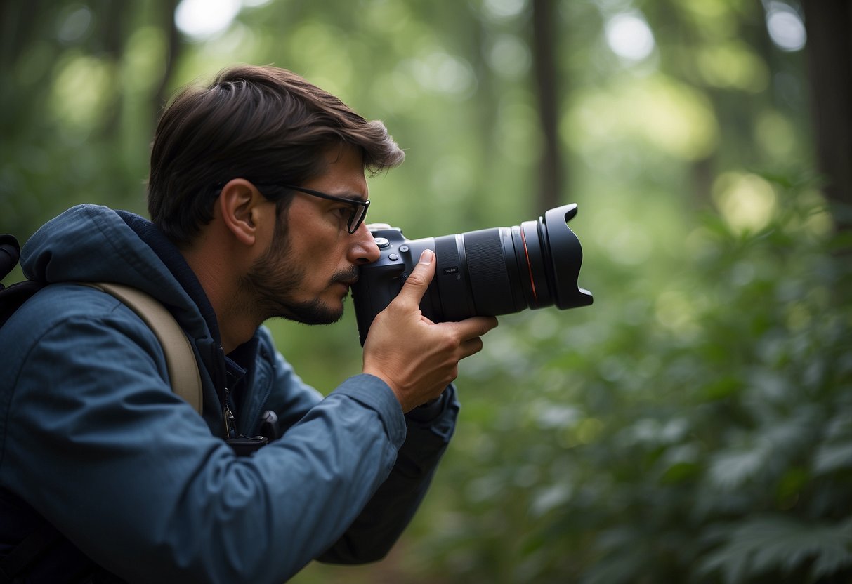 A photographer struggles to capture a distant subject in a nature setting, resulting in a blurry and unfocused image