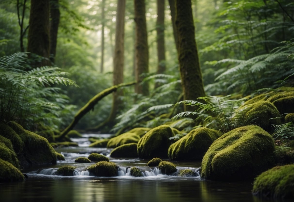 Lush forest with vibrant foliage, a clear stream, and a variety of wildlife. A photographer adjusts camera settings and composition to capture the scene