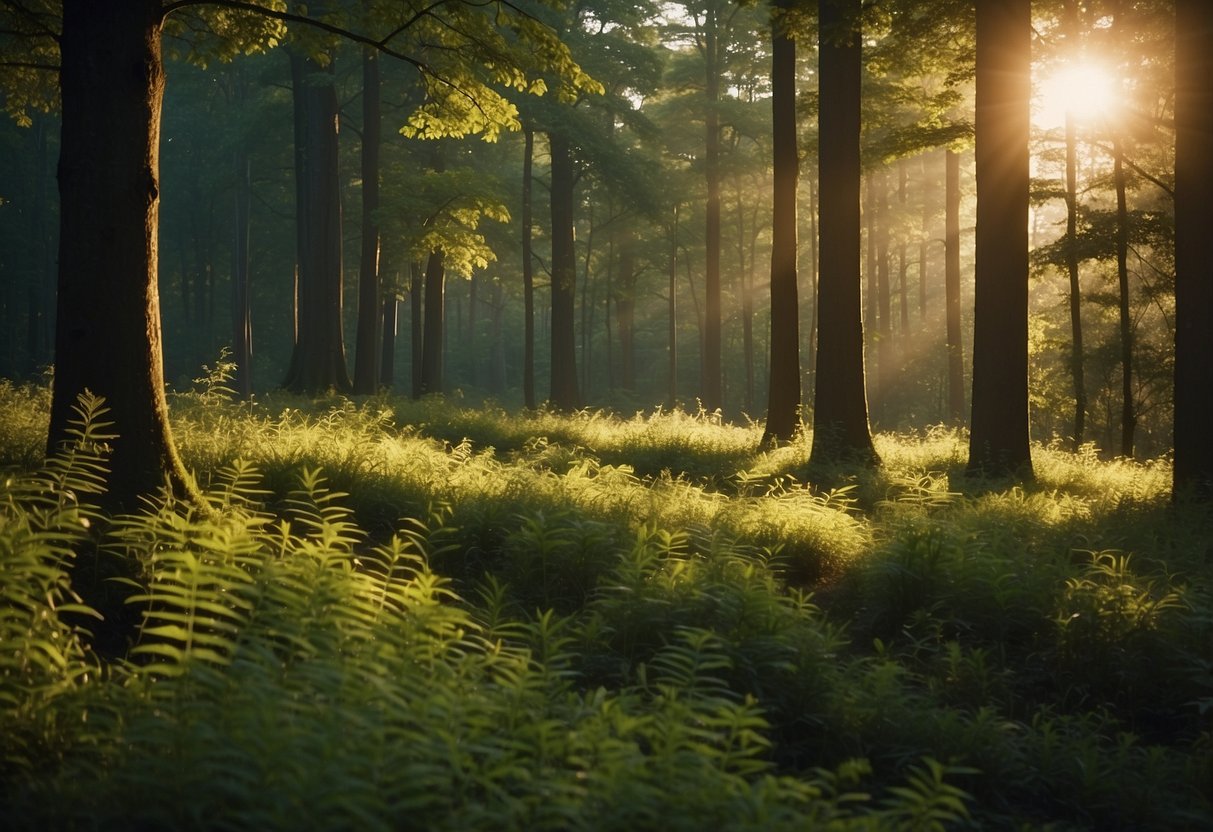 A serene forest clearing at dusk, with soft golden light filtering through the trees, casting long shadows on the lush green foliage below