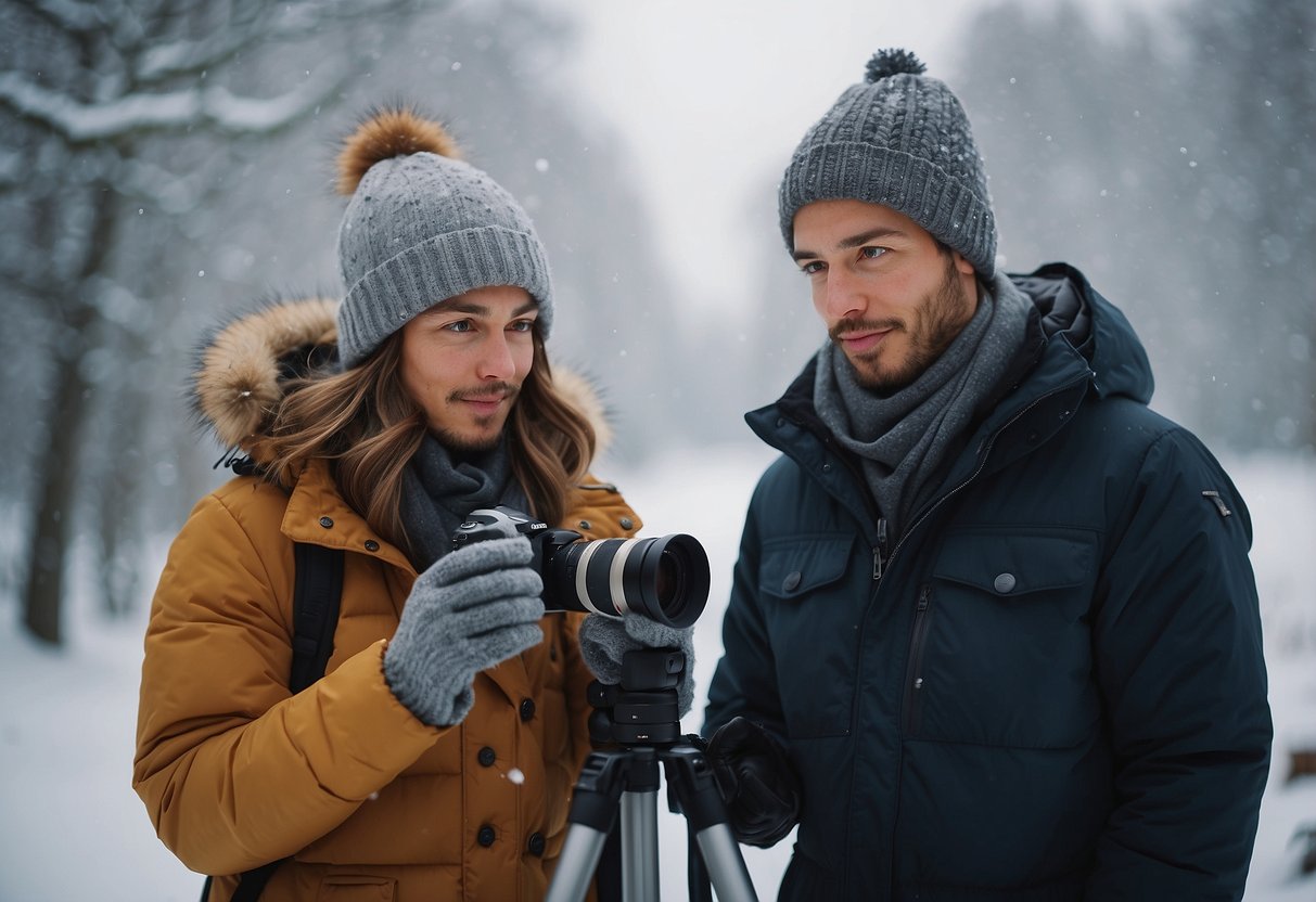 A photographer stands in a snowy landscape, wearing layers and a thick coat. They hold a hot drink and position their camera on a tripod, with a warm hat and gloves nearby. Snowflakes fall gently around them