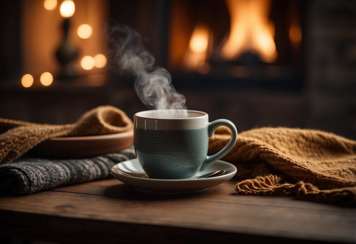 A steaming mug sits on a rustic table, surrounded by cozy blankets and a warm scarf. A soft glow from a nearby lamp illuminates the scene, creating a feeling of comfort and warmth