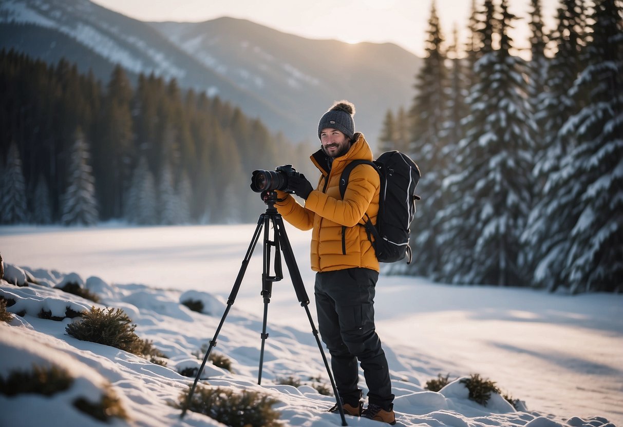 A photographer stands in a snowy landscape, wearing layered clothing and a warm hat. They hold a camera and tripod, surrounded by trees and mountains