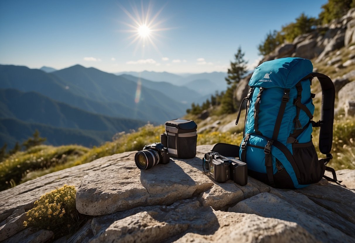 A picturesque mountain landscape with a clear blue sky, where a photographer's backpack is open, and a solar charger is connected to a camera