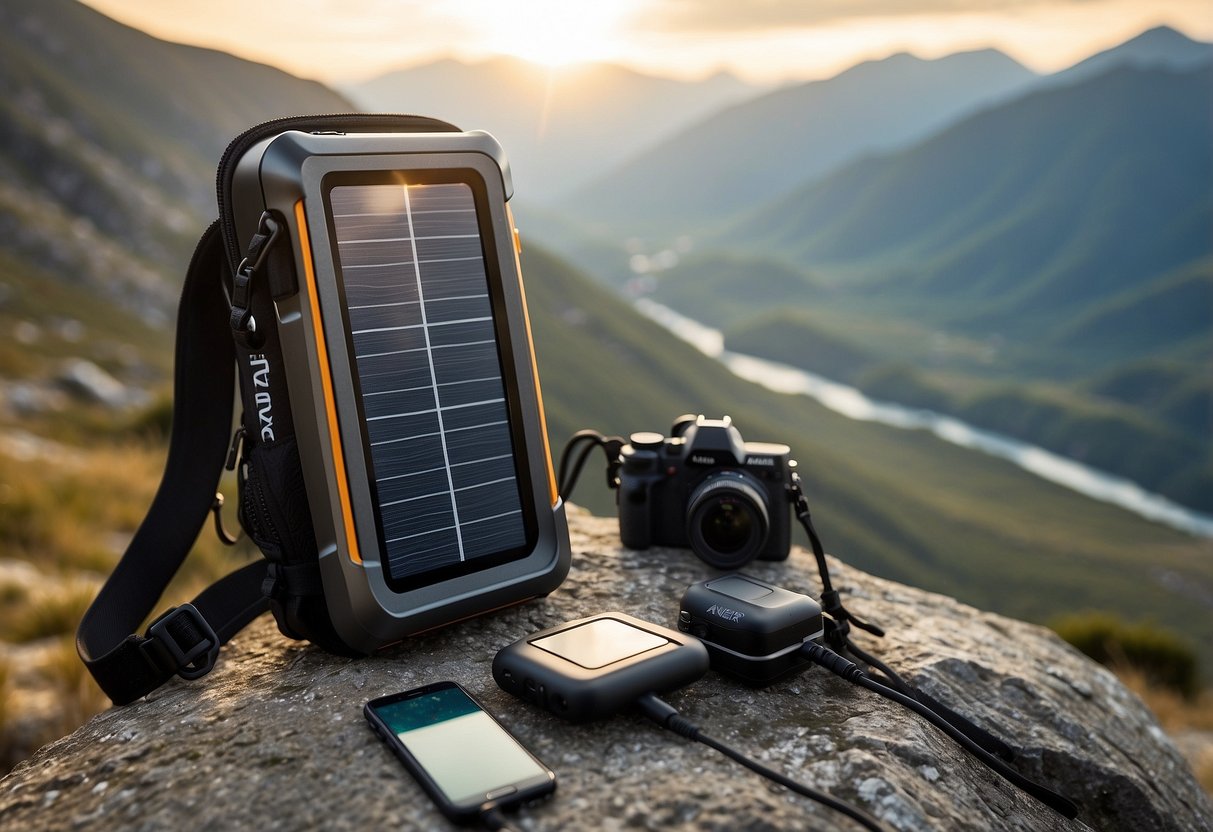 The Anker 21W PowerPort Solar charger sits on a rocky ledge, surrounded by camera gear and a stunning mountain landscape in the background