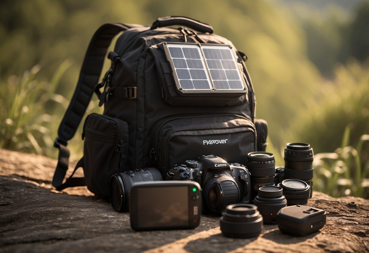 A rugged backpack sits on the ground, open to reveal a RAVPower 24W Solar Charger surrounded by camera gear. Sunlight streams down, casting a warm glow on the charger and equipment