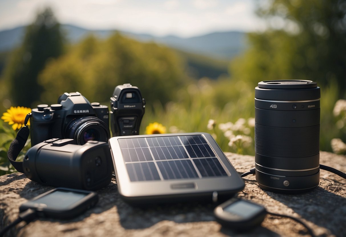 A sunny landscape with a camera, solar panels, and electronic devices being charged outdoors