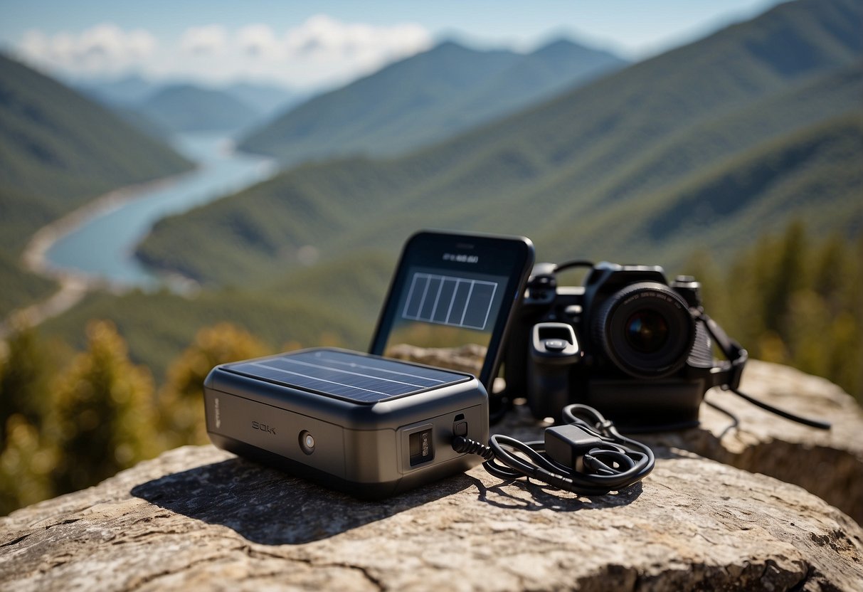 A solar charger sits on a rocky ledge, absorbing sunlight. Nearby, a camera and photography gear are being charged, ready for an outdoor adventure