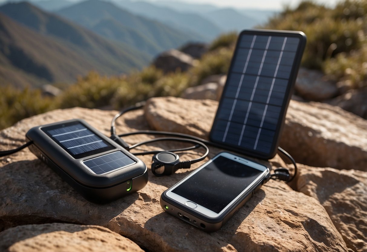 A solar charger sits on a rocky cliff, absorbing sunlight. A camera and other photography gear are scattered nearby. The charger's sleek design and durable construction are evident