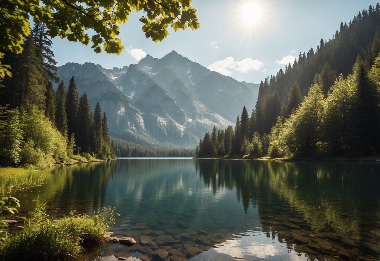 Lush greenery surrounds a serene lake with a majestic mountain backdrop. Sunlight filters through the trees, casting a golden glow on the tranquil scene