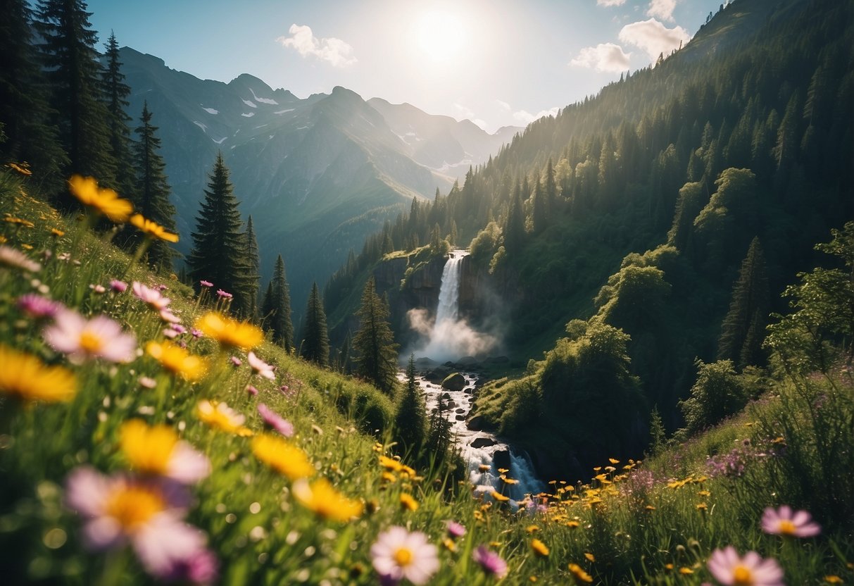 Lush green forest with a cascading waterfall, surrounded by colorful wildflowers and towering mountains in the background. Sunlight filters through the trees, creating a magical and serene atmosphere