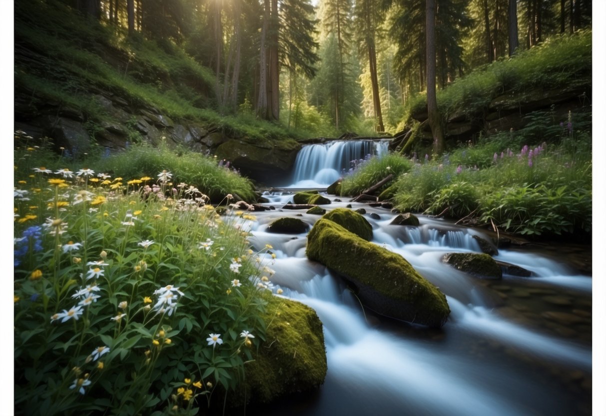 A serene forest with a cascading waterfall, surrounded by vibrant greenery and colorful wildflowers, with a clear blue sky above and a gentle stream flowing through the scene