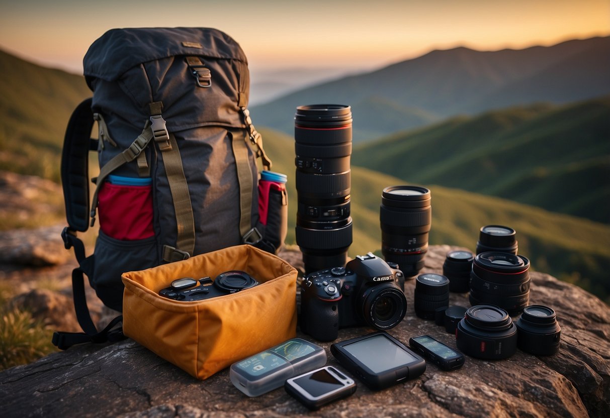 A photographer packs camera gear, maps, and snacks into a sturdy backpack. They check weather forecasts and charge batteries before setting off on a long-distance journey