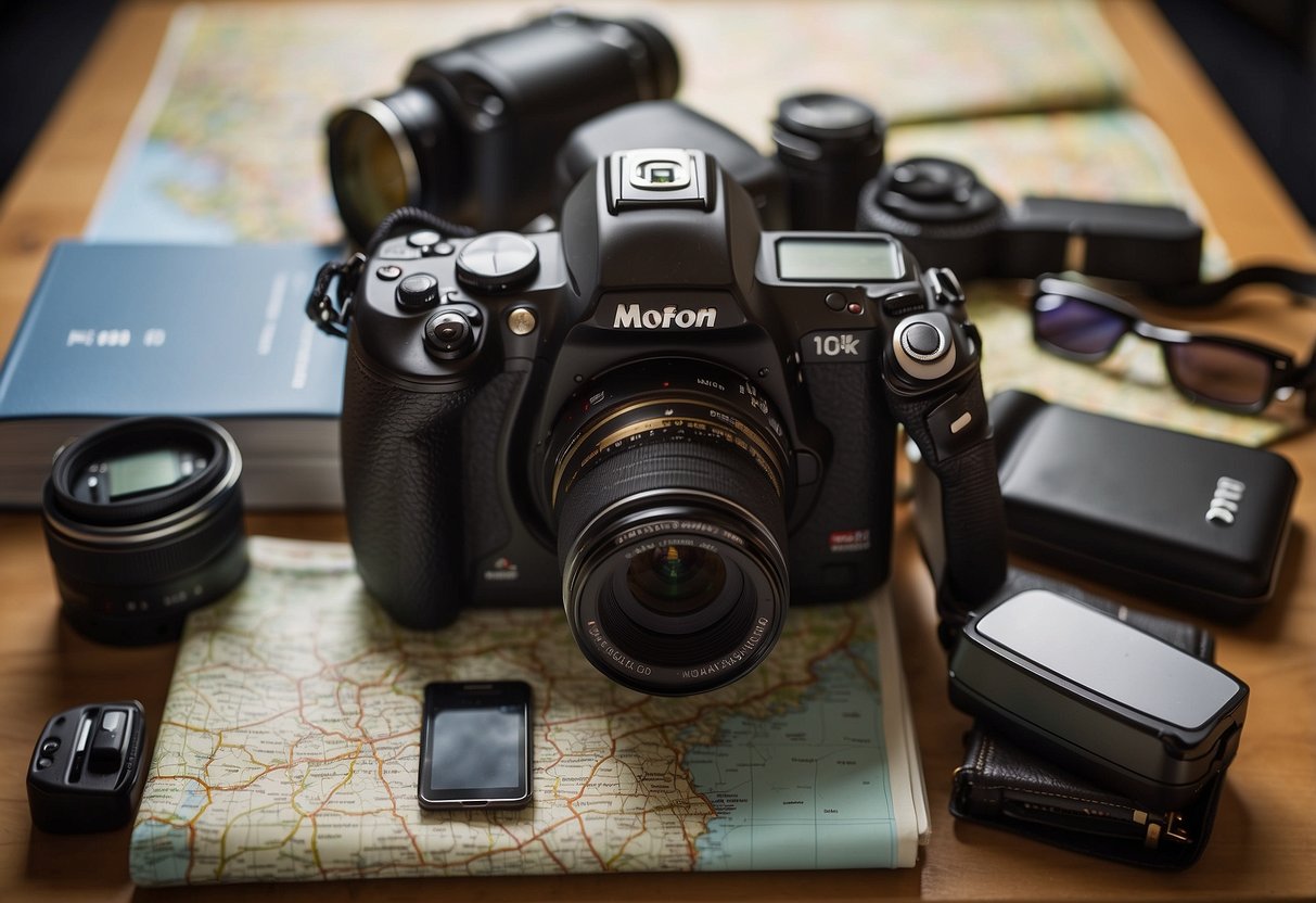 A camera bag filled with extra batteries and memory cards sits on a table, surrounded by a map, a notebook, and a pair of sunglasses