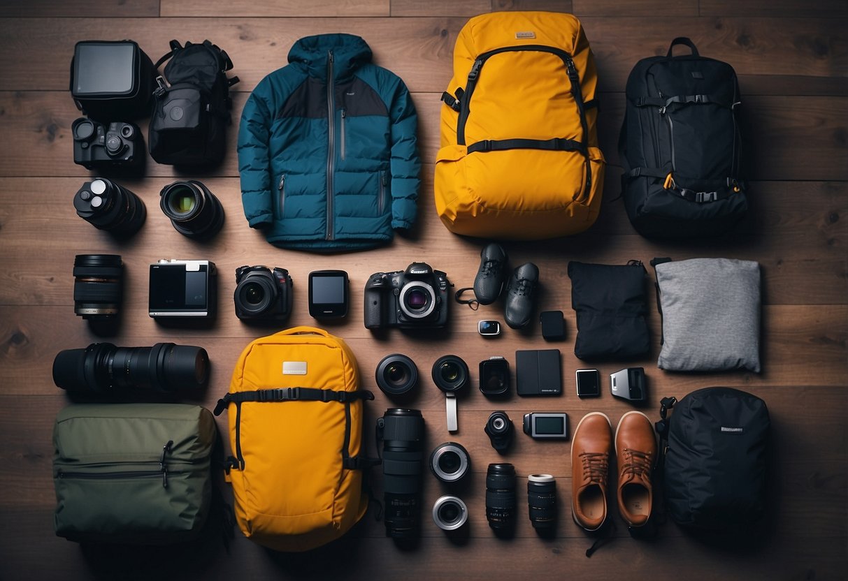 A person packing weather-appropriate clothing for a photography trip, including layers, waterproof gear, and sturdy footwear. Camera equipment and accessories are also organized and ready to go