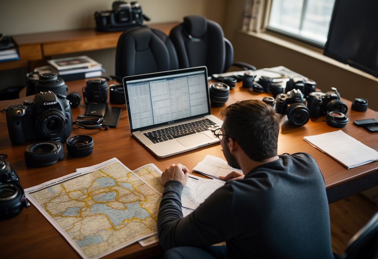 A photographer sits at a desk surrounded by maps, camera gear, and a laptop. They are researching local laws and regulations for an upcoming long-distance photography trip