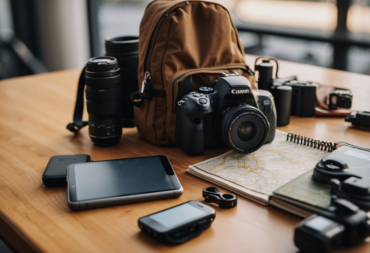 A backpack with a portable power bank, camera, and lenses laid out on a table next to a map, passport, and notebook