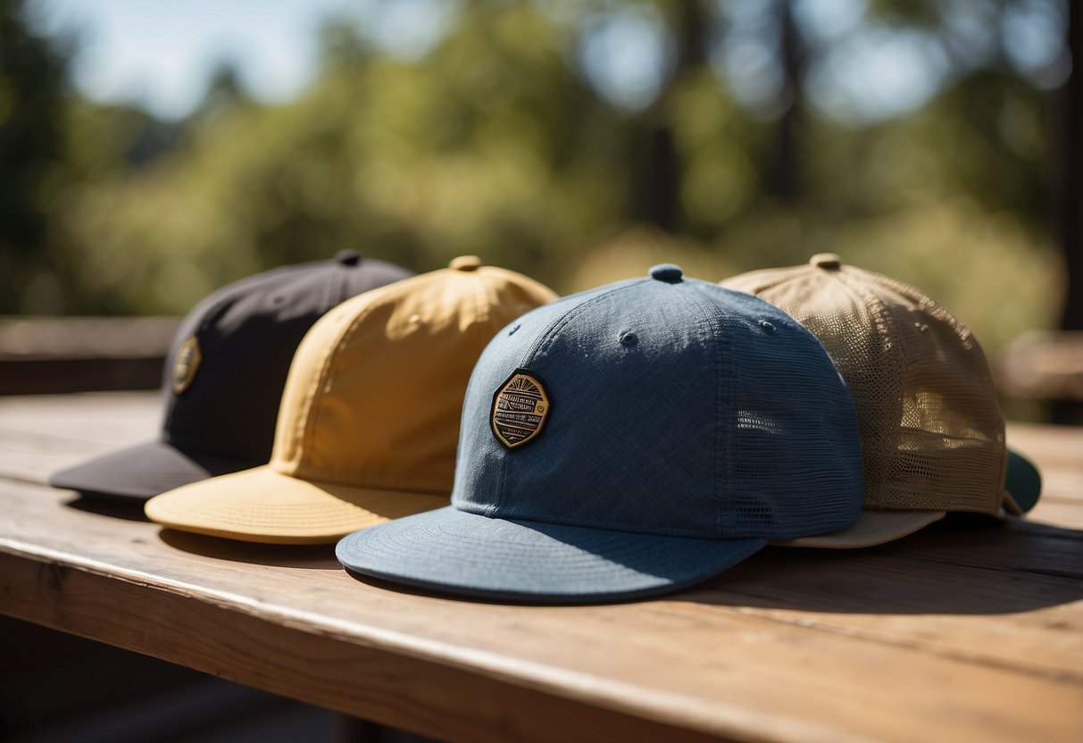 A sunny outdoor setting with a clear blue sky, a photographer's camera, and five different lightweight hats arranged neatly on a table