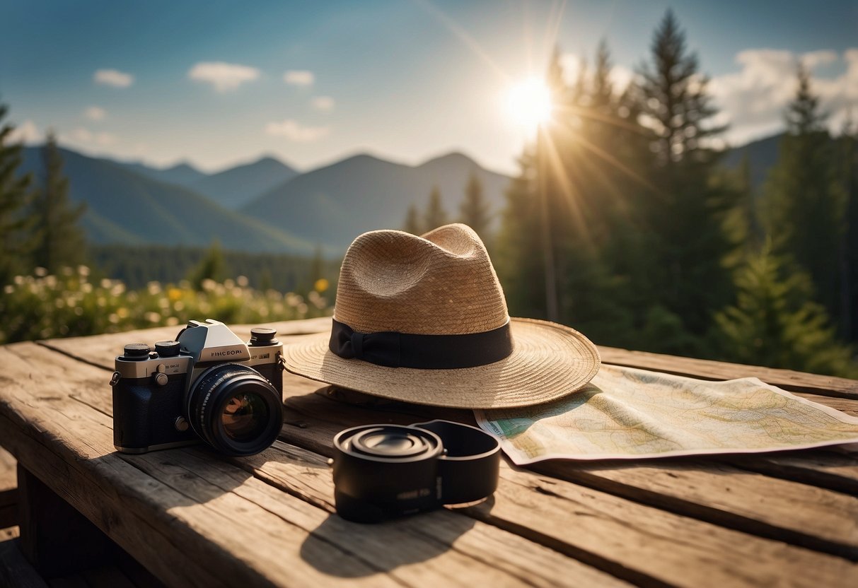 A wide-brimmed hat rests on a weathered wooden bench, surrounded by a camera, map, and binoculars. The sun casts a warm glow on the scene, hinting at an outdoor adventure