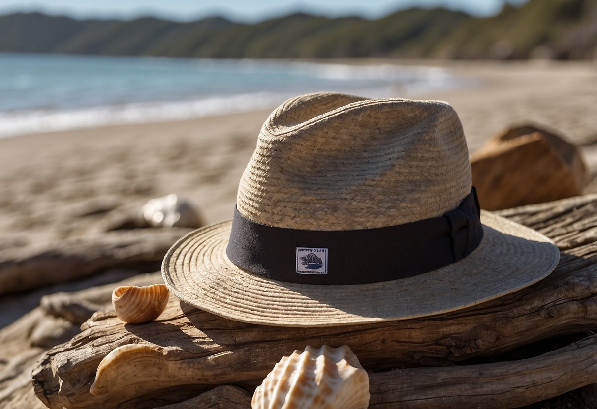 A sunny beach with waves crashing in the background, a Patagonia Baggies Brimmer Hat sitting atop a weathered driftwood log, surrounded by scattered seashells and sand