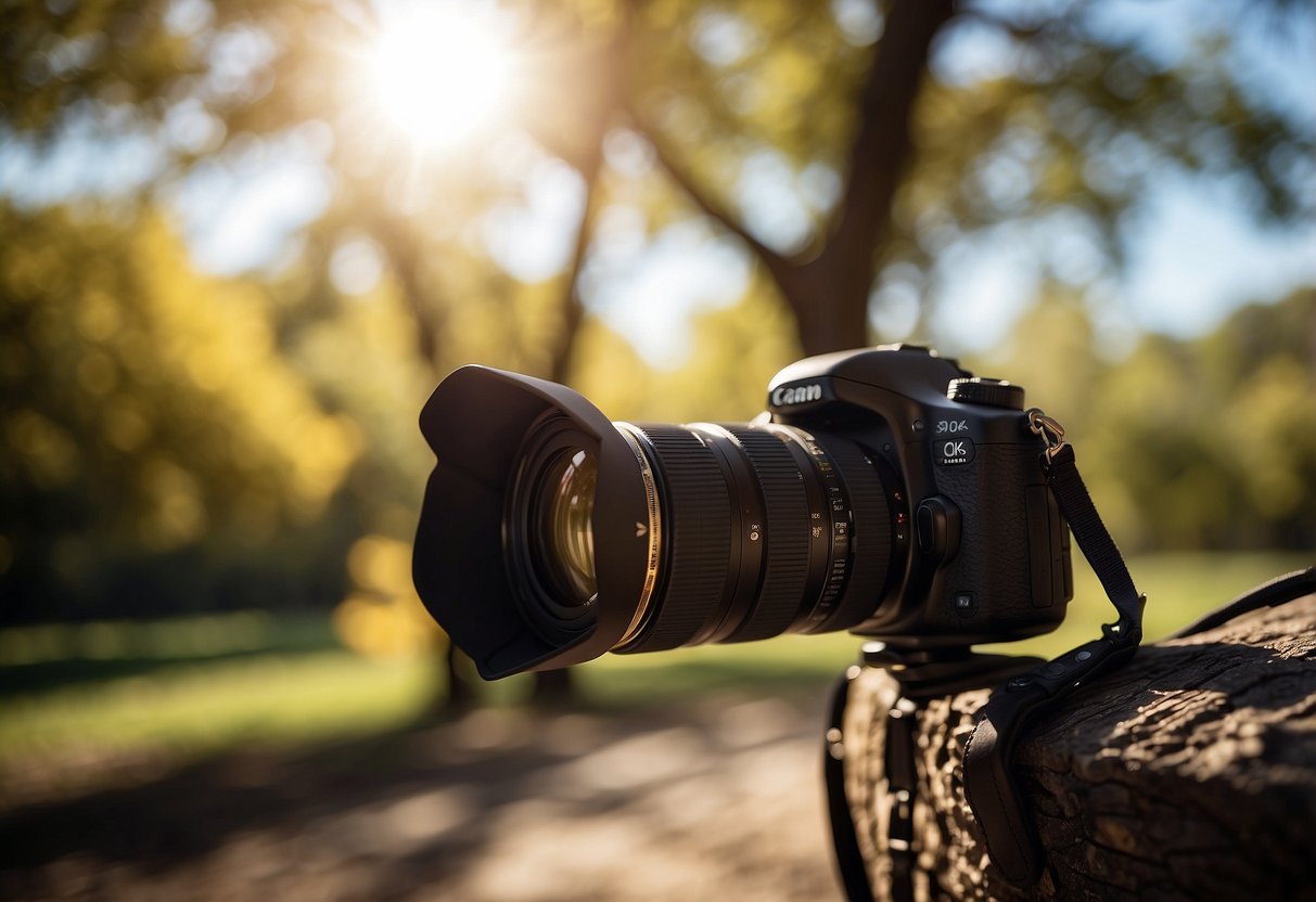 A sunny outdoor scene with a photographer's hat hanging on a tree branch, casting a shadow on a camera and other photography gear