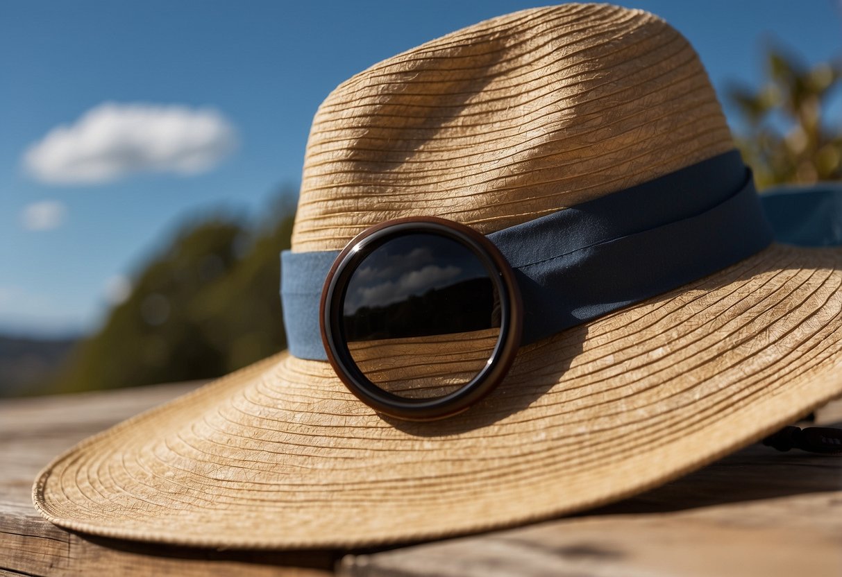 A sunny outdoor setting with a clear blue sky, a photographer's camera, and a lightweight hat with a wide brim for sun protection