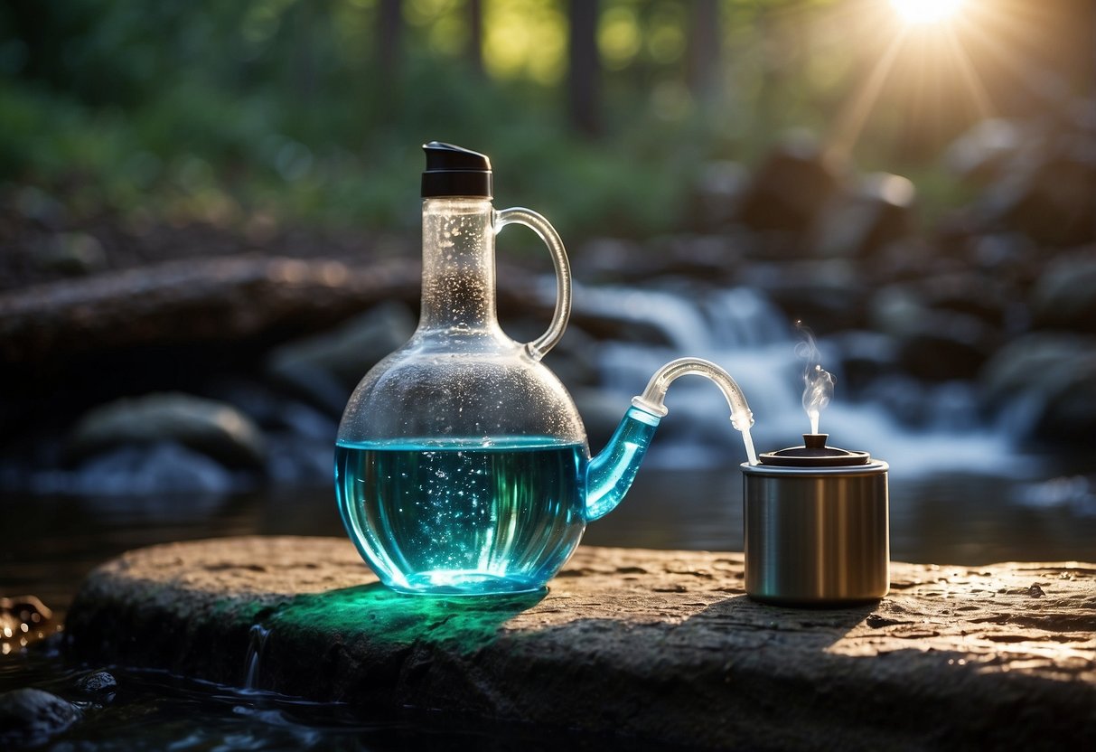 Water flows through a filtration system, UV light shines on a water bottle, a boiling pot sits on a campfire, a chemical tablet dissolves in a container, a hand pump draws water from a stream, a solar still collects condensation, a