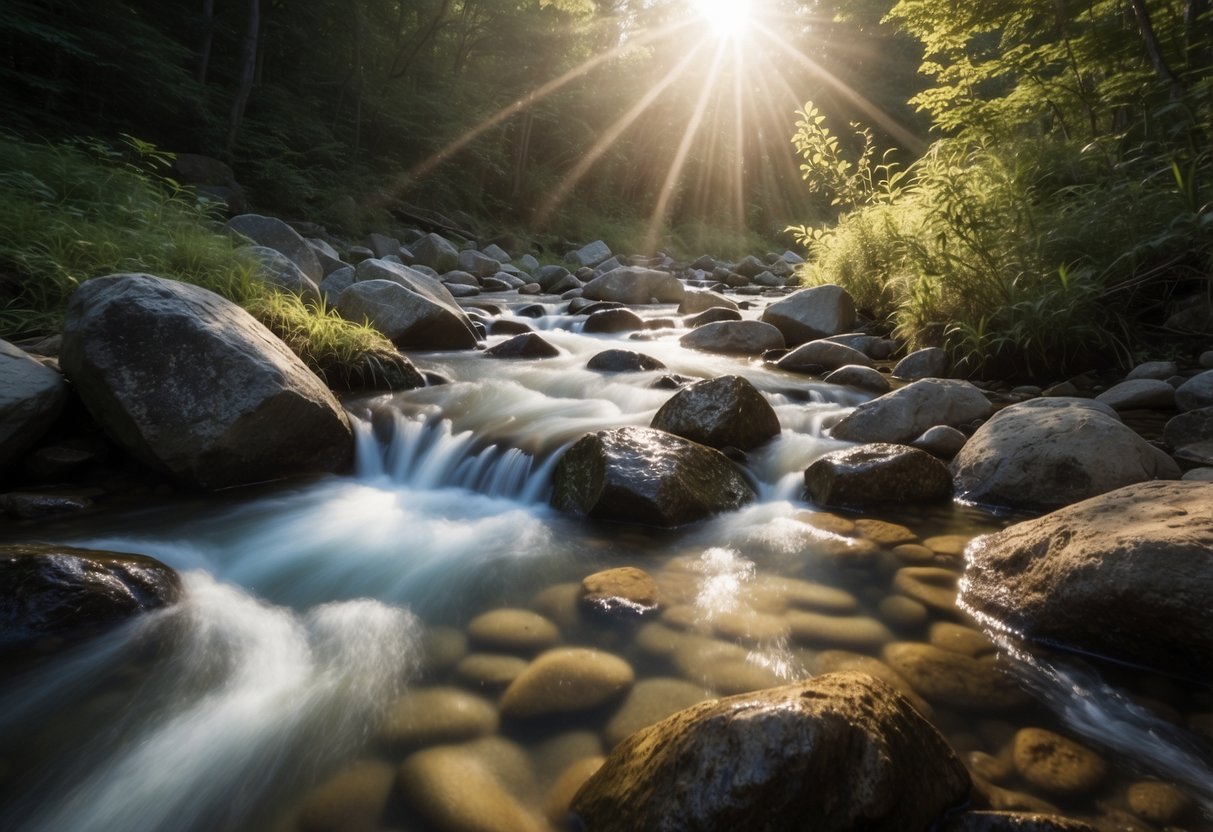 A clear mountain stream flows over rocks, with a LifeStraw filter in the foreground. Surrounding foliage and sunlight create a natural, serene setting