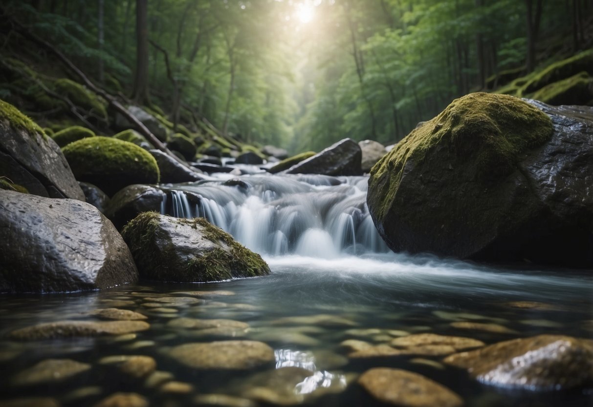 A clear mountain stream flows over rocks. A hand holds a small water filter, purifying the water. Surrounding trees and wildlife complete the scene