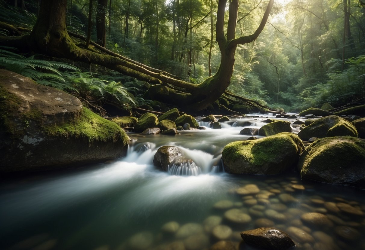 A clear stream flows through a lush forest, with a Survivor Filter Pro 10 purifying water, while a camera captures the serene scene