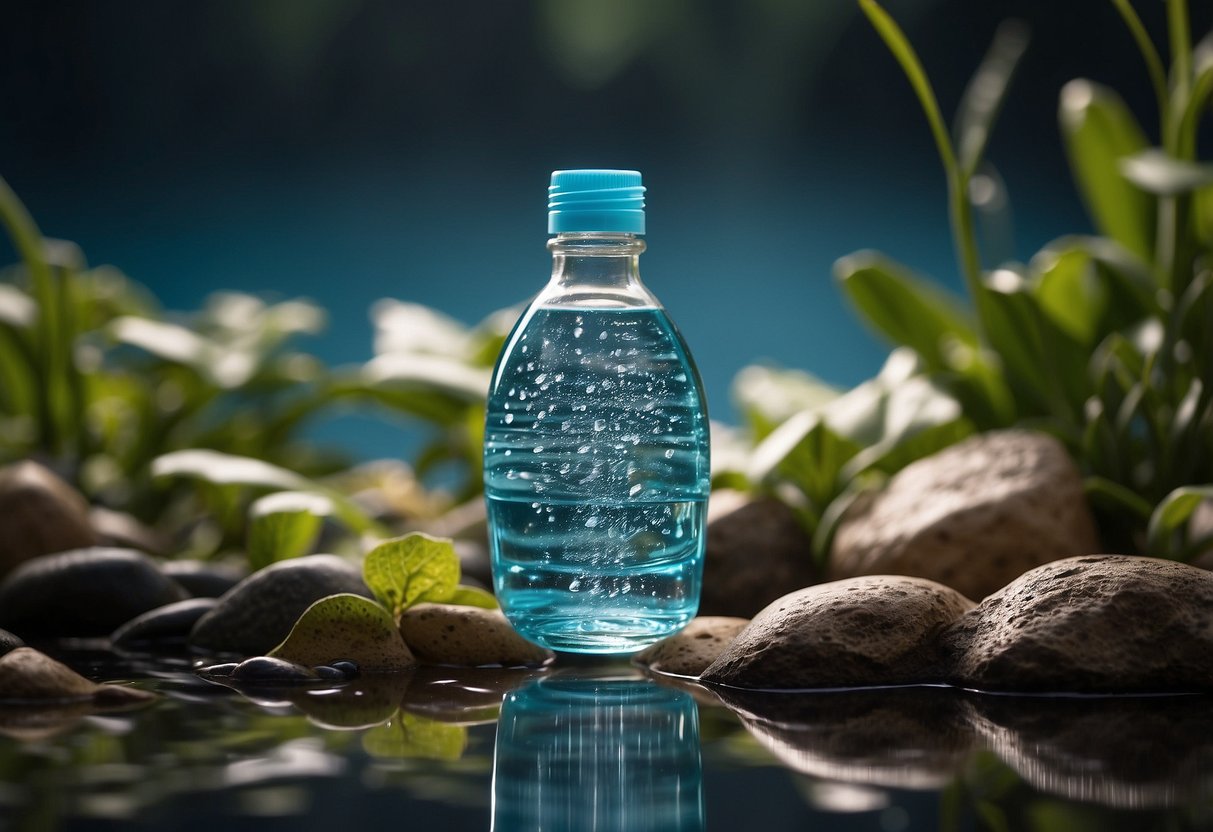 A bottle of Aquamira Water Treatment Drops surrounded by various water sources and purification methods