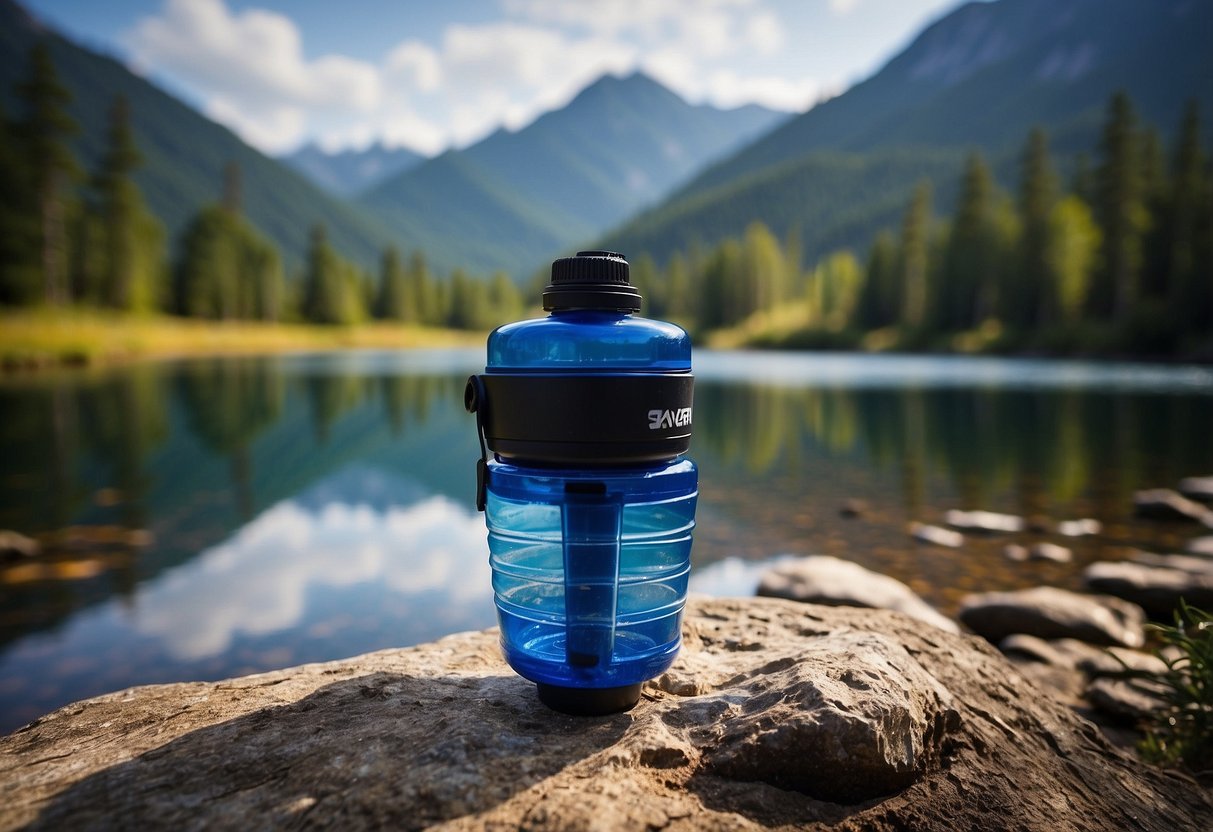 A Sawyer Squeeze Water Filtration System attached to a water bottle, with a stream or lake in the background