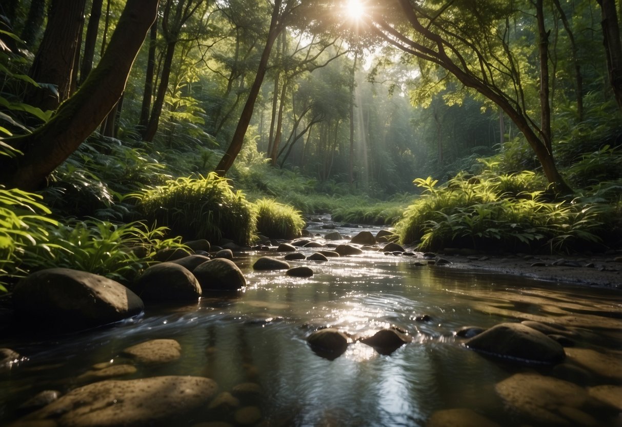 A clear stream flows through a lush forest, with sunlight filtering through the trees. A small, makeshift water purification system sits on the bank, surrounded by various natural materials like charcoal and sand