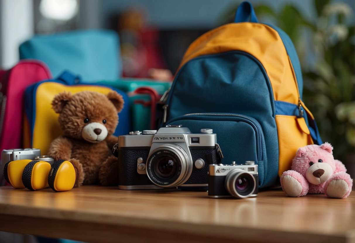 A child's camera sits on a table next to a colorful backpack. A teddy bear peeks out from inside the bag, surrounded by a scattering of toys and a pair of child-sized sunglasses